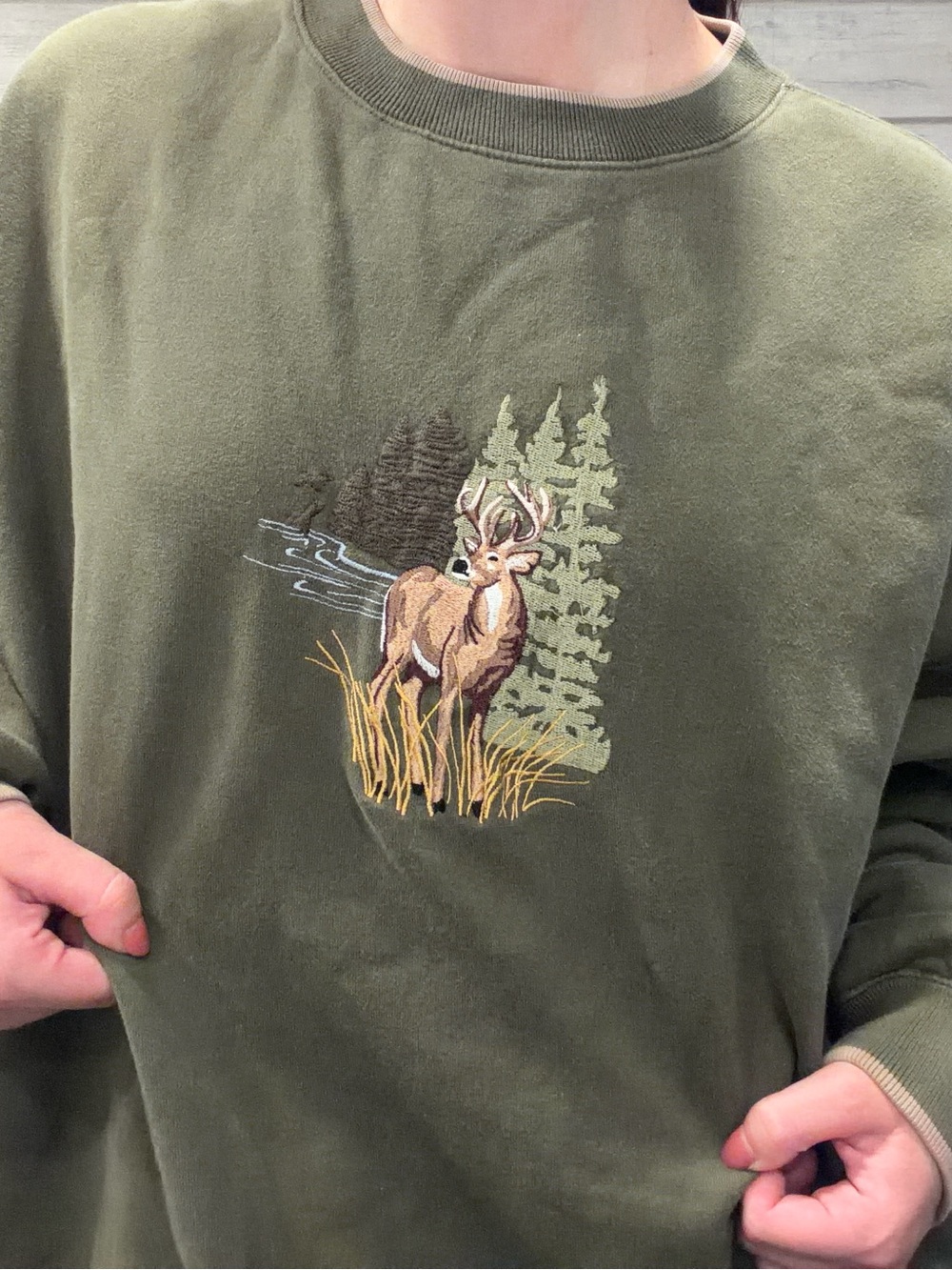 Vintage Olive Green Deer Embroidered Crewneck Sweatshirt - Picture 5 of 6
